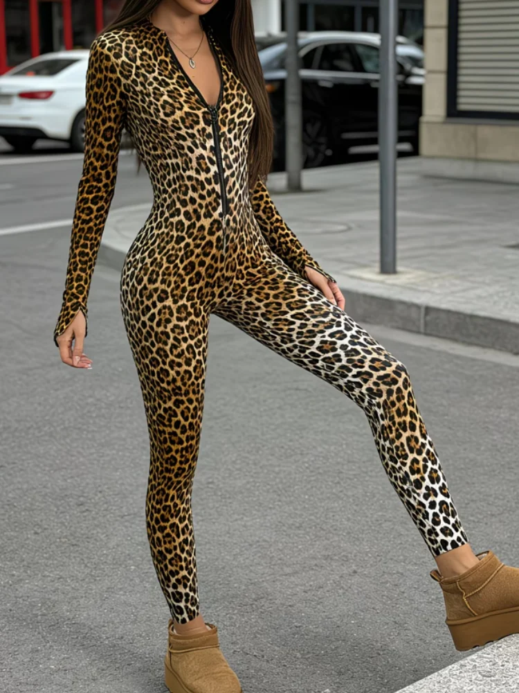 Damen Leoparden-Catsuit, eng anliegender Jumpsuit, Cosplay-Outfit, Halloween, Dschungel-Tier-Thema, Rave, Nachtclub, Tanz, Bühnenkostüm – Detail 6