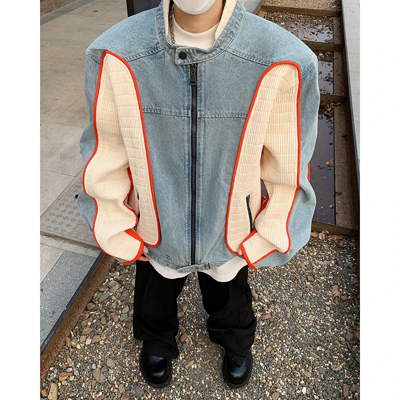 Cleanfit American Vibe High Street Color Block Design Short Men's Denim Jacket Casual Workwear Straight Hemline Spring Autumn