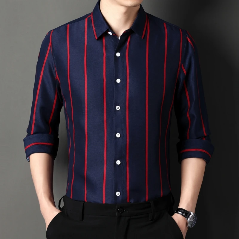 

M-5XL Men's Shirt Long Sleeve Striped Anti-Wrinkle Business Formal Dress Top Luxury Office Casual Shirt Men's Clothing Spring