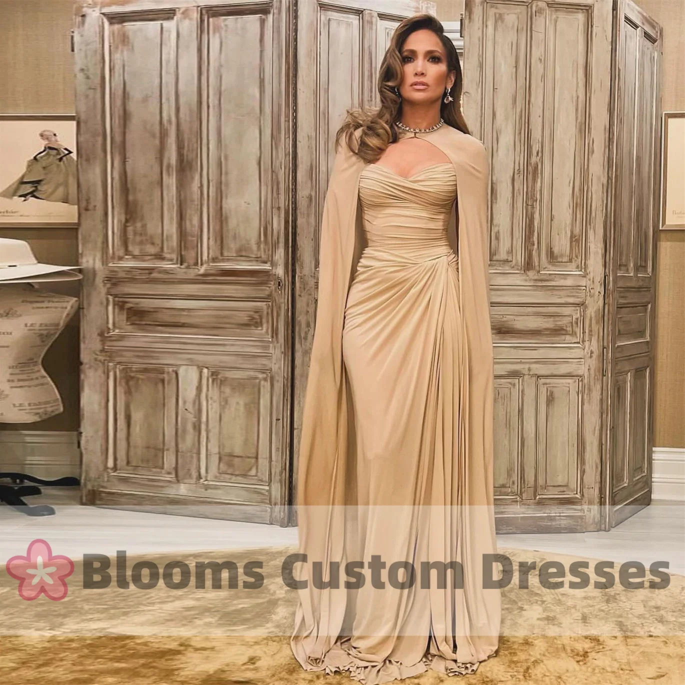 Blooms Elegant Simple Champagne Ruffle Customized Formal Occasion Prom Dress With Cloak Long Evening Party Gowns