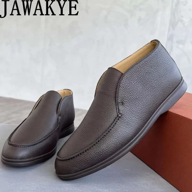 

Rubber Sole High Top Real Leather Shoes Men's Round Toe Slip-on Loafers Casual Business Formal Shoes Male Driving Shoes