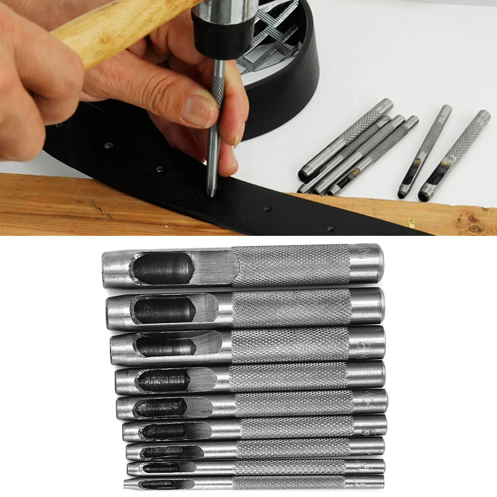 Lot de 9 poinçons à cuir, outils de poinçonnage creux pour ceintures, outil de maroquinerie 2,5-10 mm
