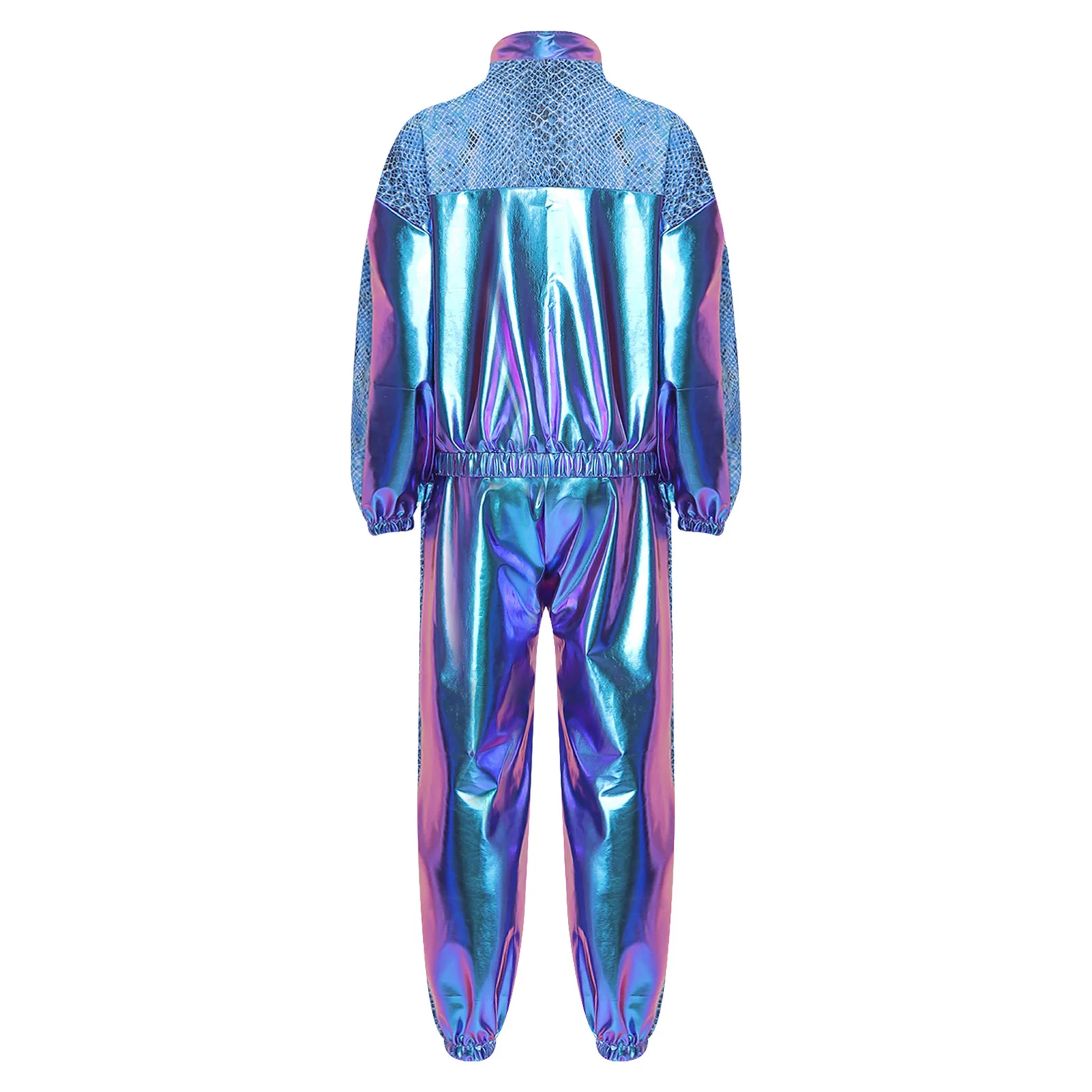 Womens Metallic Tracksuit 80s Disco Hip Hop Dancewear Leopard Print Jazz Dance Costume 2 Piece Zip Up Jacket Jogger Pants Set
