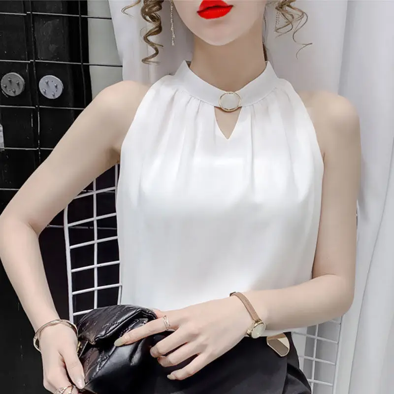 2024 New Solid Sleeveless Chiffon Interior Lapping Ladies Fashion Pullovers T-Shirts Shirts Summer All-match White T-Shirts