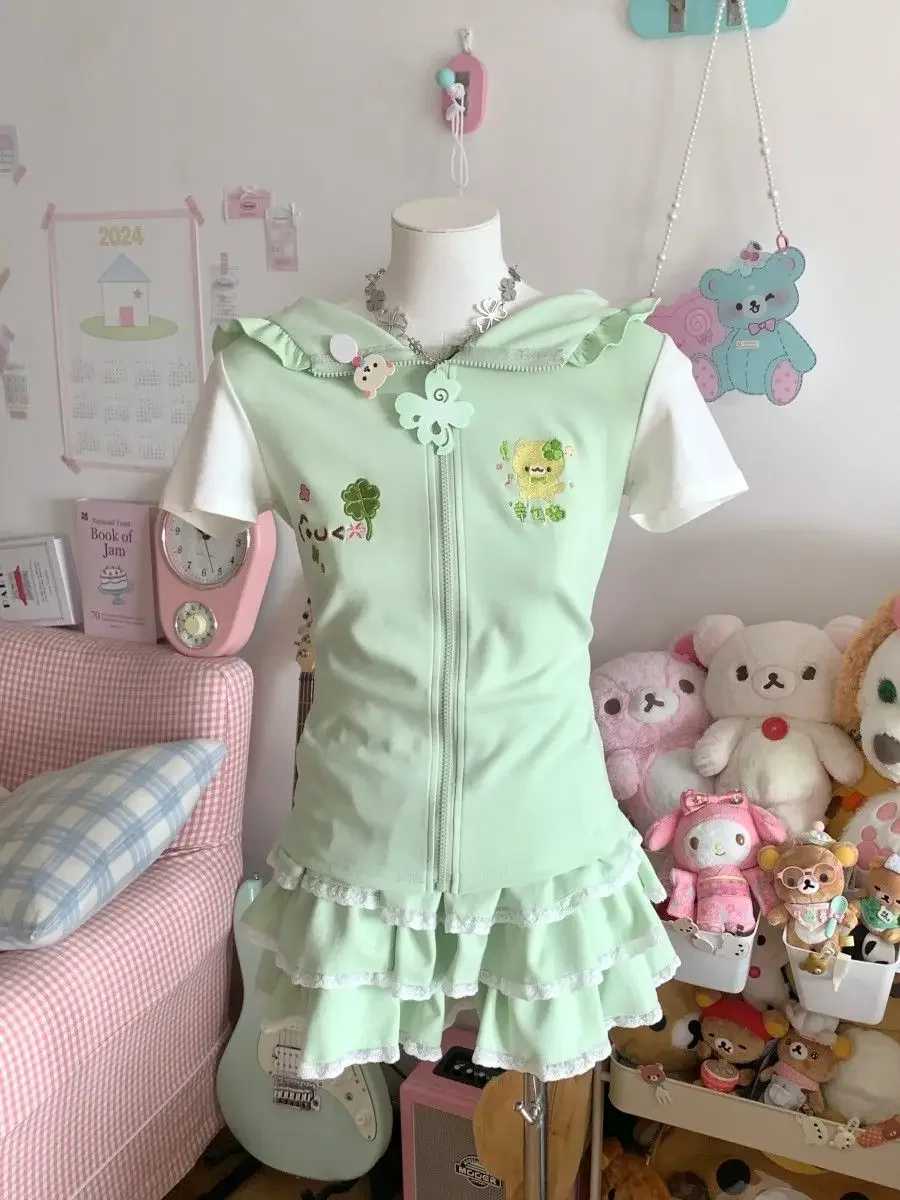 Fresh Green Two Piece Sets Womens Outifits Japanese Cute Short Sleeve Rabbit Ears Zip Up Hoodie + Lace Edge Puff Mini Skirt