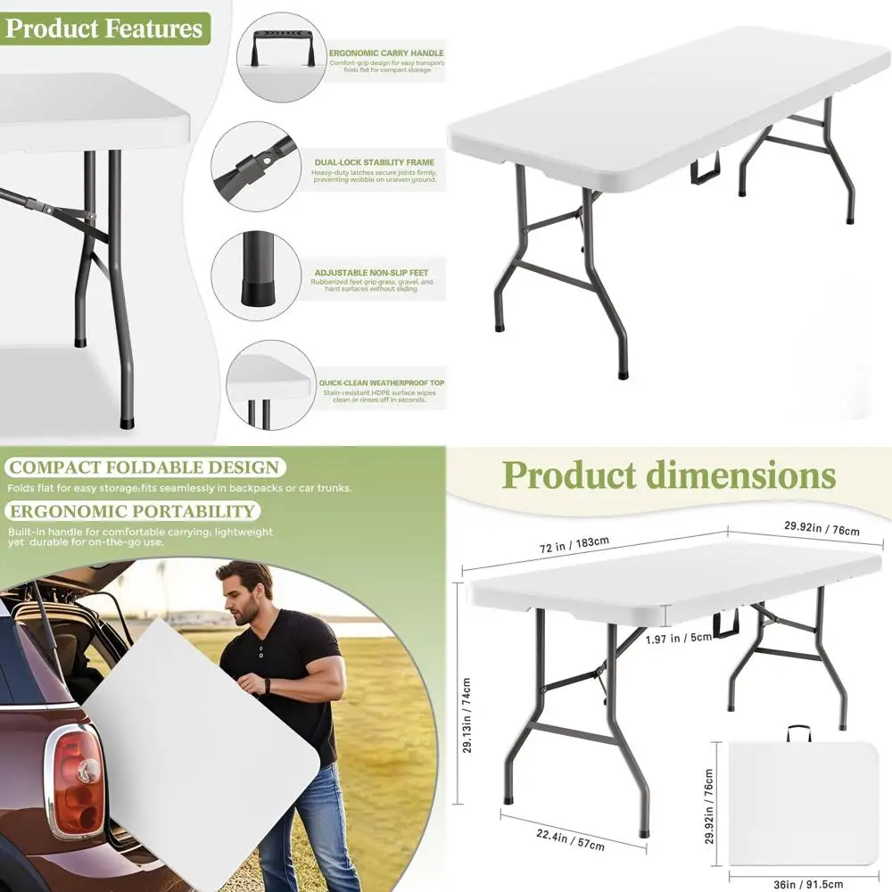 

Portable Outdoor Folding Table with 350lbs Capacity, Lockable, No Assembly Required (White) - Ideal for Camping and Picnics