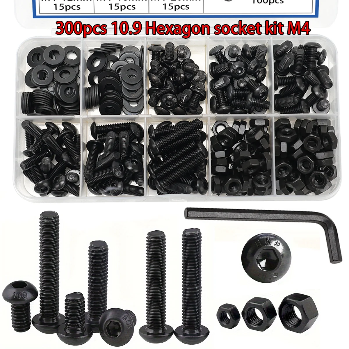 300pcs M4 Black Hex Pan Head Screws and Nuts Set, Black Round Cup High Strength Screws