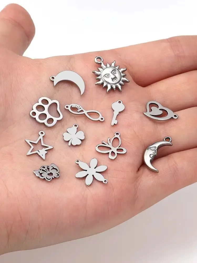 10 Stück/Set, nicht verblassende Anhänger aus 304 Edelstahl, Blume, Blatt, Mond, Stern, Herz, für Halskettenanhänger, DIY Schmuckherstellung Zubehör