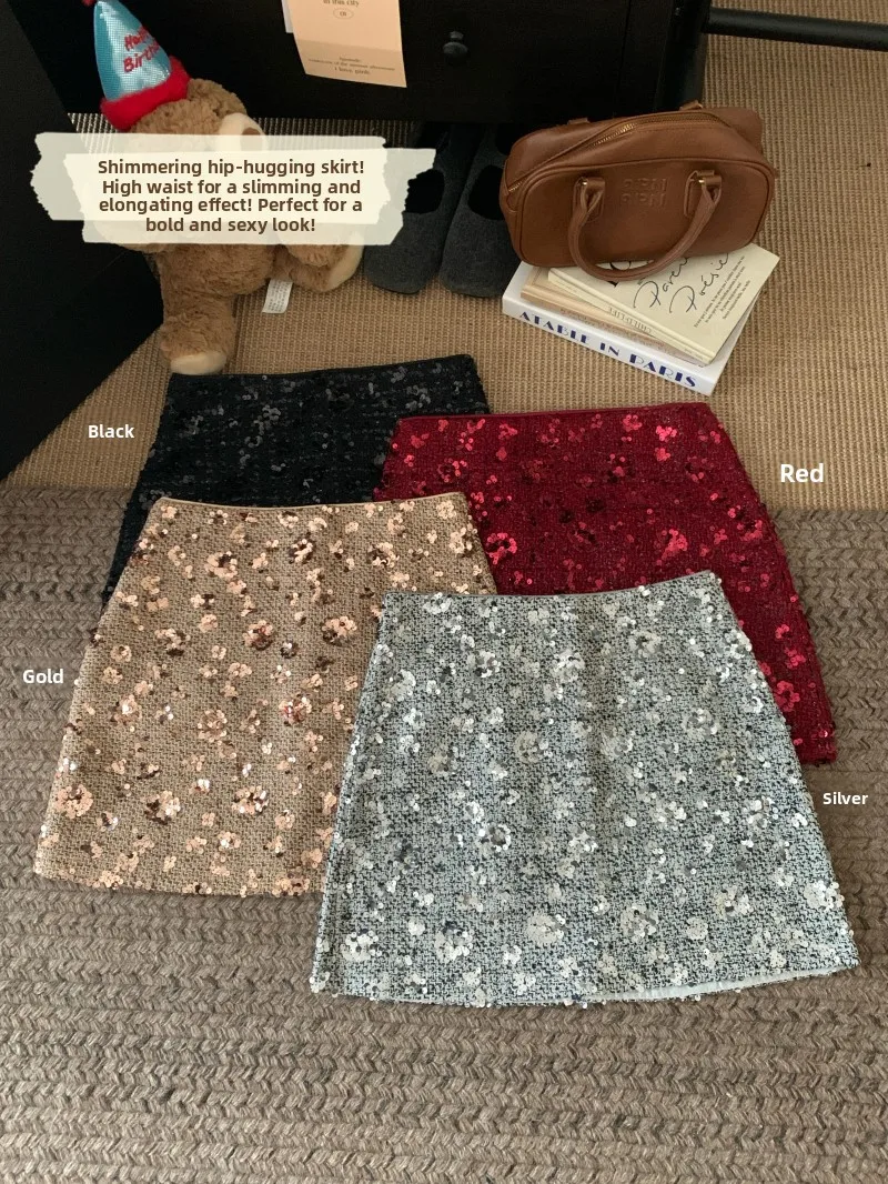 Shiny Sequin A-Line  Skirt Women's High Waist Heavy Embroidery Bodycon Short Skirt Korean Style Commute Casual Fashion