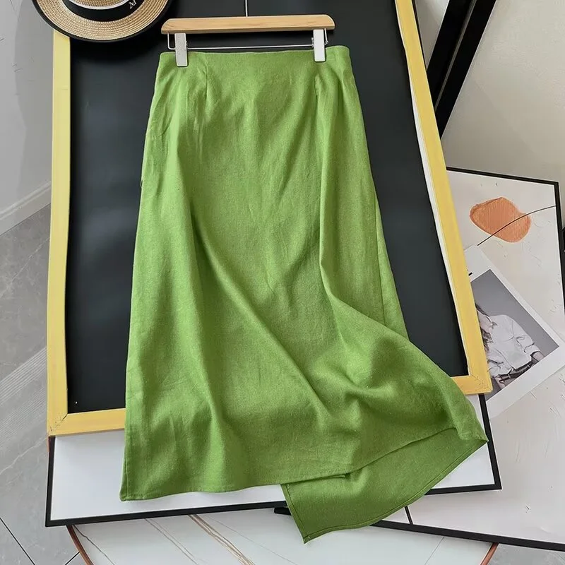 KEYANKETIAN 2024 New Launch Women's High-waisted MIDI Skirt Front Knot Decoration Asymmetrical Elegant Slim Blended A-line Skirt