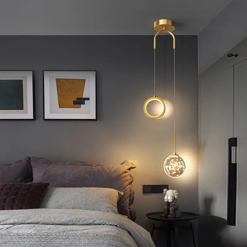 

FKL Modern Bedroom Chandelier Creative Starry Art Light Luxury Gold Round Bedside Study Living room Long Line pendant light