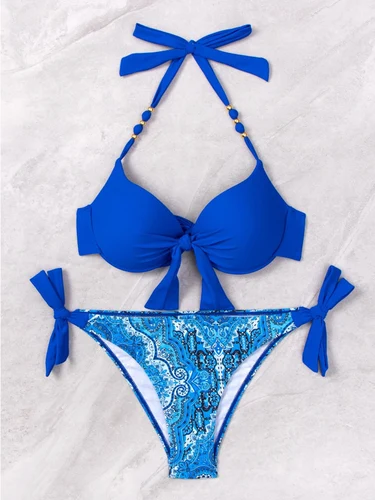 Imagen 2 del producto Bikini de dos piezas con estampado Sexy para mujer, traje de baño con cuello Halter, traje de baño ajustado con espalda descubierta y realce, traje de baño para fiesta en la playa 2025