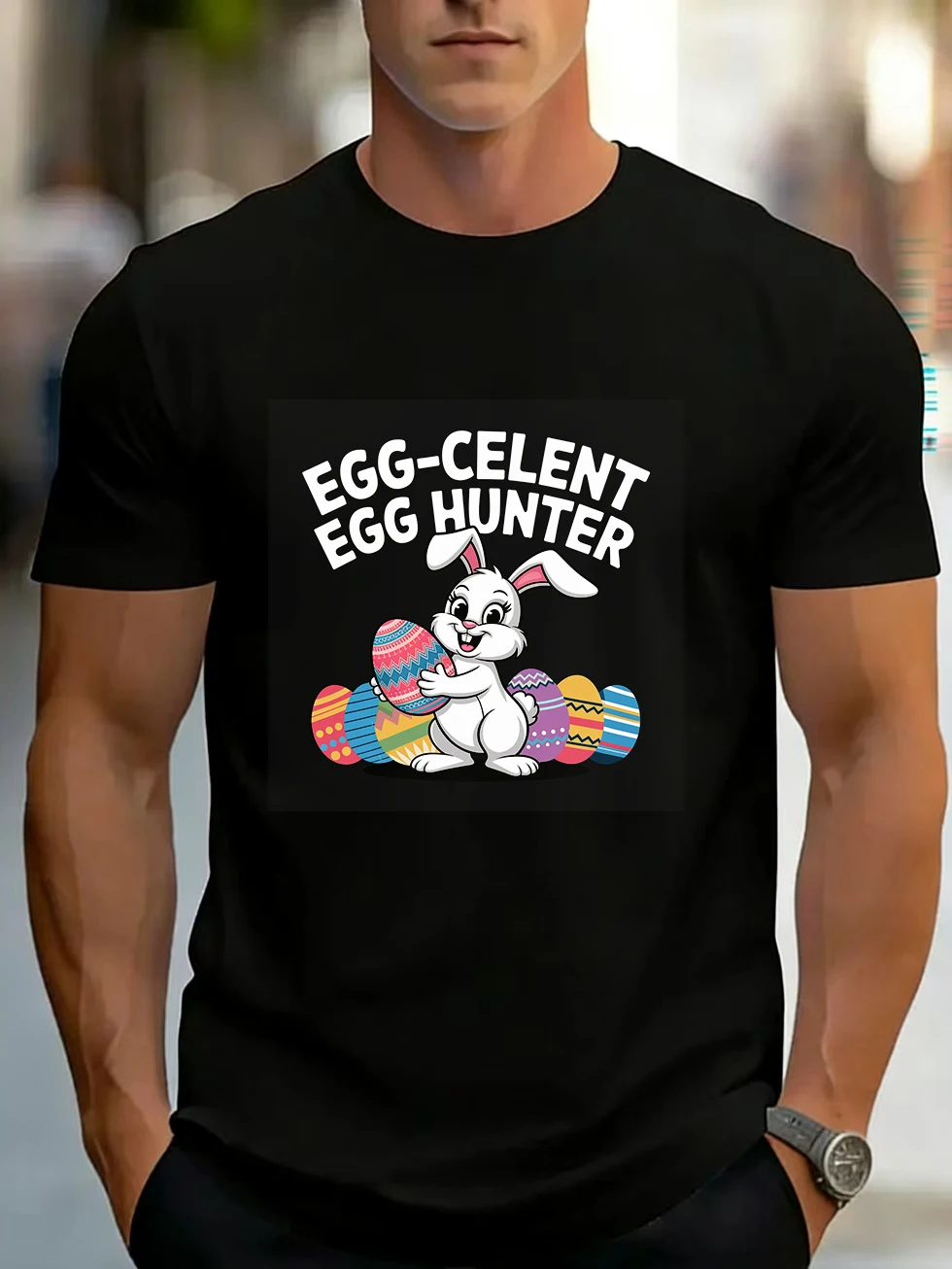 Men's Short-Sleeved T-Shirt Easter Cartoon Rabbit Cigar Trendy Font Easter Egg Background Unisex Couple Matching Style Pure Cotton