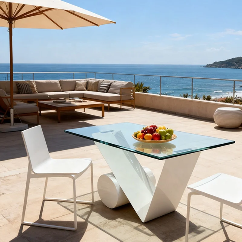✿q Modern Custom Luxury 4-Seater Fiberglass Dining Table Set Durable White Tempered Glass Top Outdoor Dining Table for Hotels