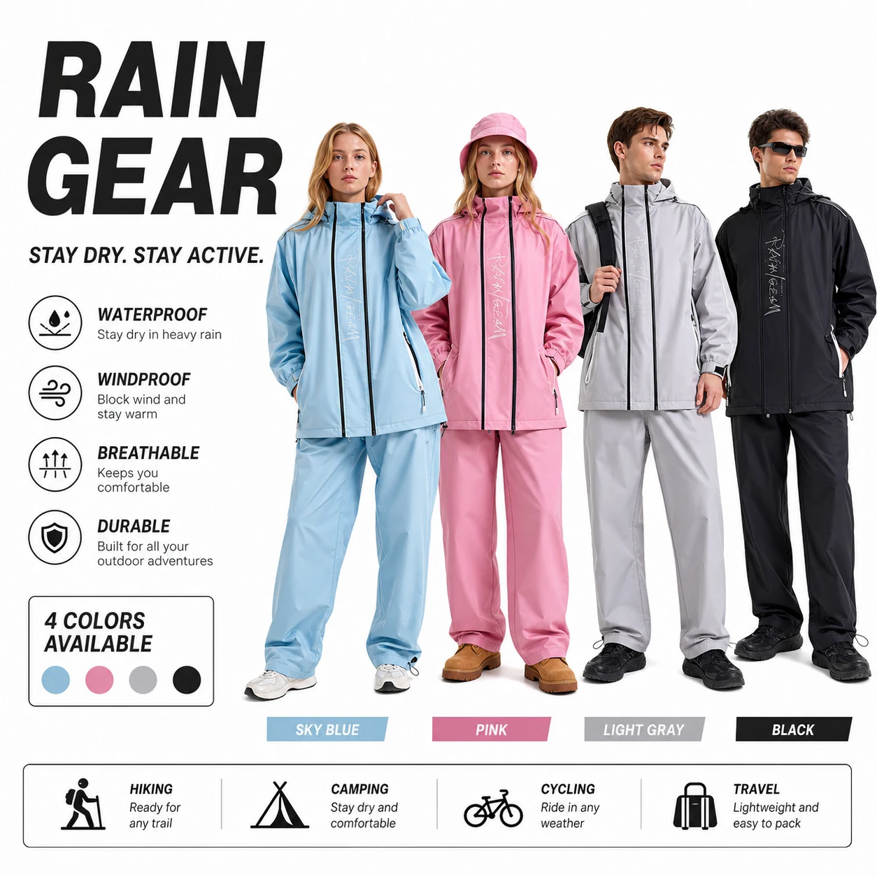 Motorcycle rain suit, unisex, waterproof & breathable, reflective, multipurpose for riding, fishing, golf, hunting, camping