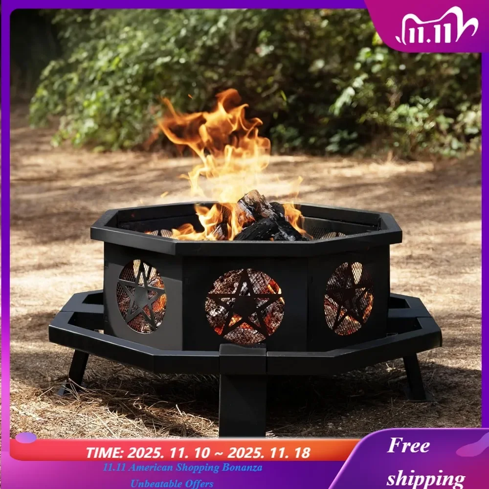 

35 Inch Octagonal Fire Pit with Cooking Grill,Outdoor Wood Burning Fire Pit for Camping Outside Picnic Bonfire,