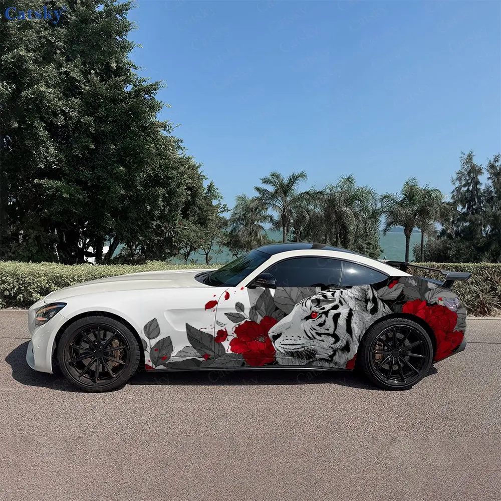 2pcs Dark Leaves Surrounded Tiger Car Side Wraps, Self-Adhesive PVC Waterproof & Scratch-Resistant Stickers, Car Accessory Gift
