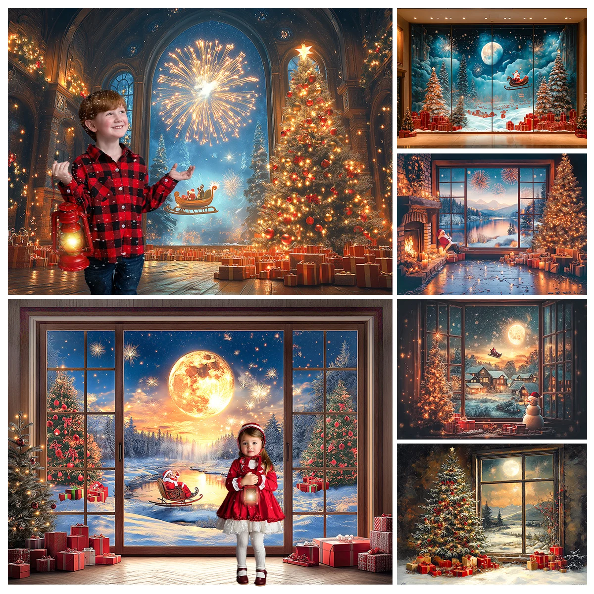 Christmas Windows Fairy Tale Santa Claus Backdrops Kids Adult Photography Child Family Xmas Trees Big Moon Snowy Backgrounds