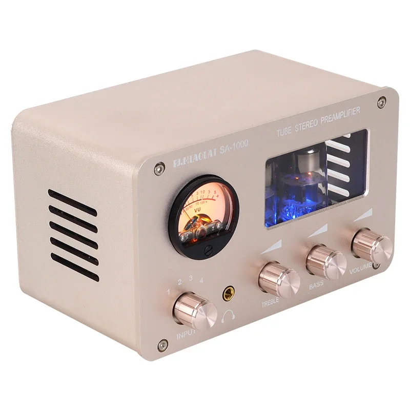 Audiophile Tube Preamp 4-input 2-output HIFI Preamp with Built-in VU Level Meter High-bass Adjustment Headphone Amplifier