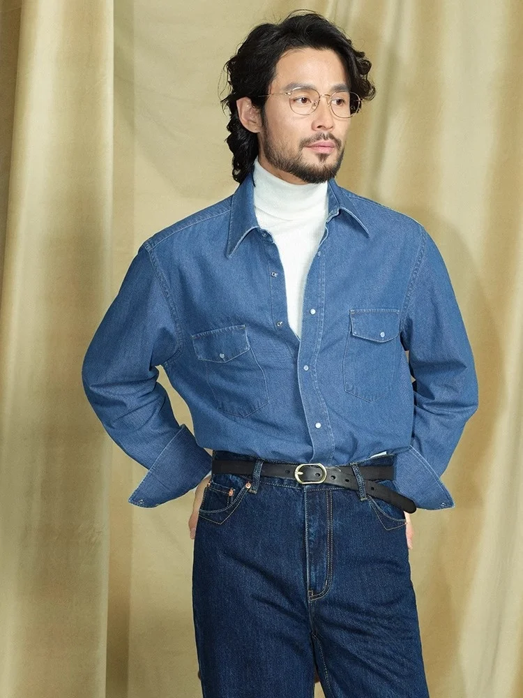 

CULTUM Men's Long Sve Cotton Denim irt Vintage Western Sle Casual Loose Fit Winter Faion Youthful Pure Color