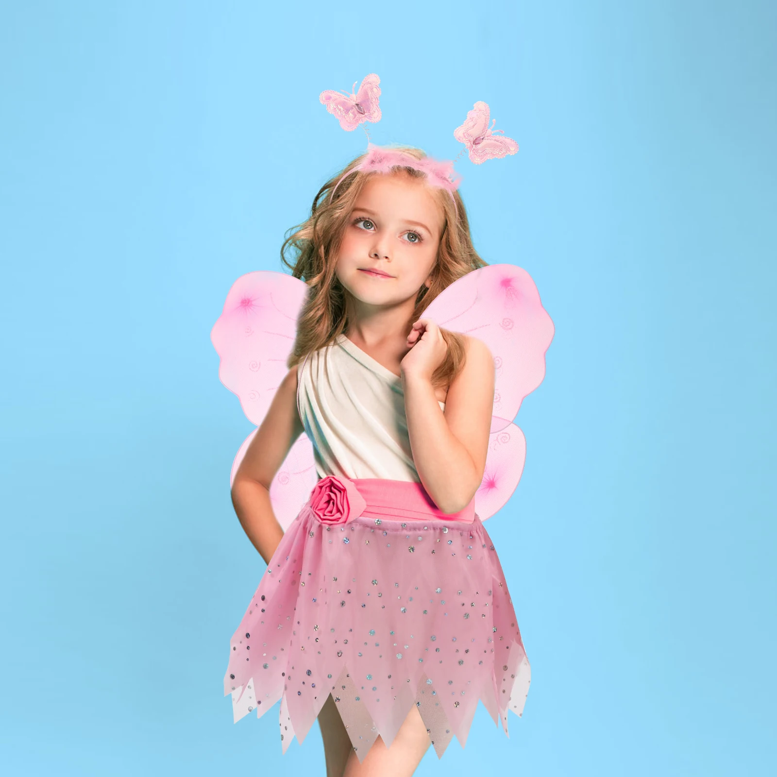 Butterfly Wings Headband Set Costume for Girl Dress up Clothes Play Costumes Girls Glitter Yarn Child