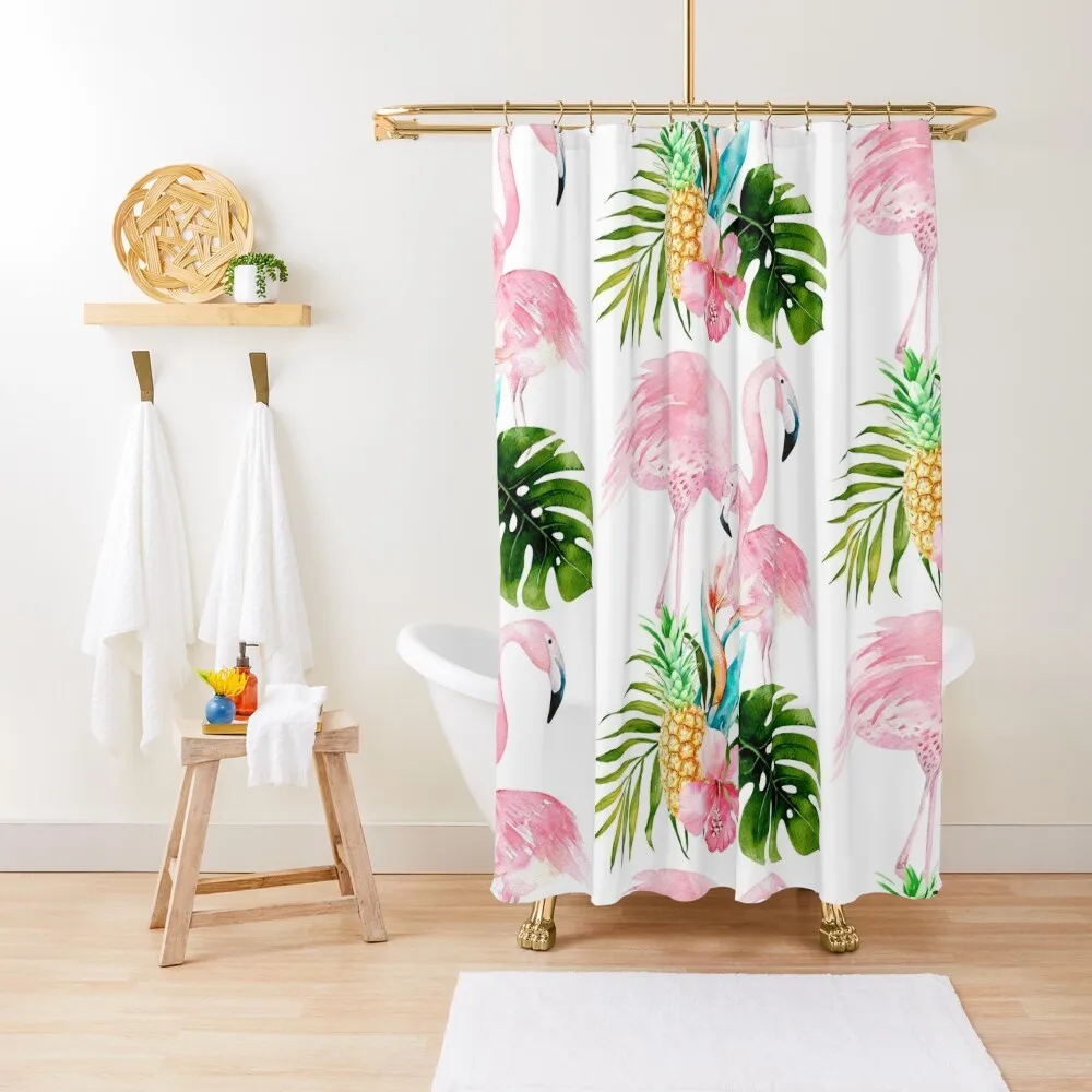 

Pink Flamingo + Tropical Foliage + Pinapples Shower Curtain Funny Shower Waterproof Bathroom Shower Curtain