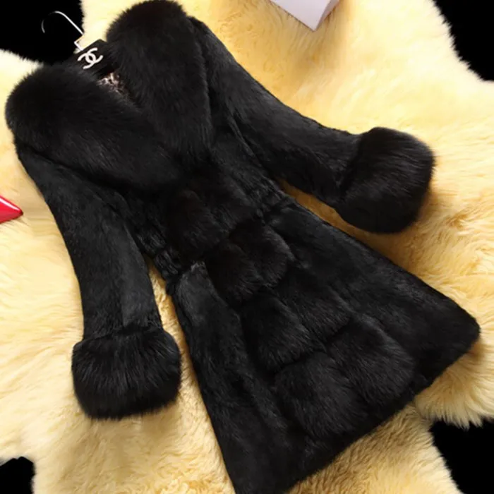 Women Thick Overcoat Mid-length Autumn Winter Warm Solid Color Waist Retraction High Quality Fake Fox Fur Coat Female Jackets