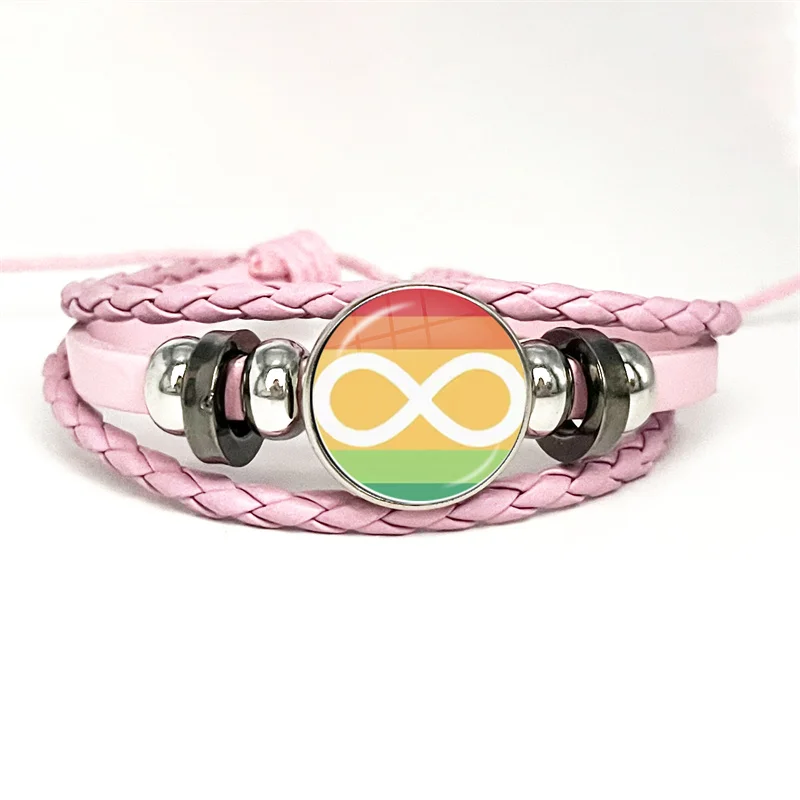 Novelty Interesting Actually Autistic Pink Leather Bracelet Glass Cabochon Button Multilayer Bangles Wristband Gift