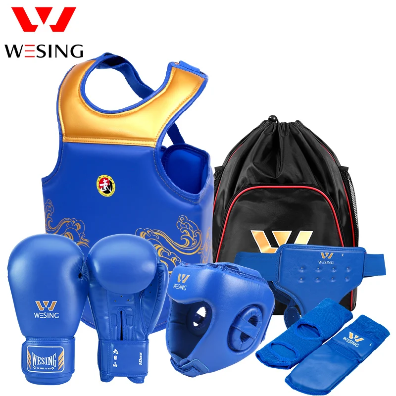 WESING 6 Pcs Martial Arts Wushu Sanda Protective Gears Men Women Head Guard Chest Protection Gloves Groin Guard Shin Guard