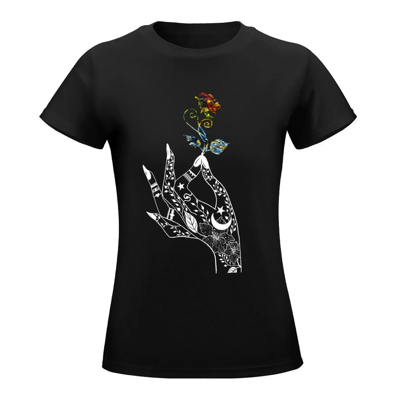 Golden dancing stars mystic witchy hand T-Shirt tees summer top hippie clothes plain t shirts for Women