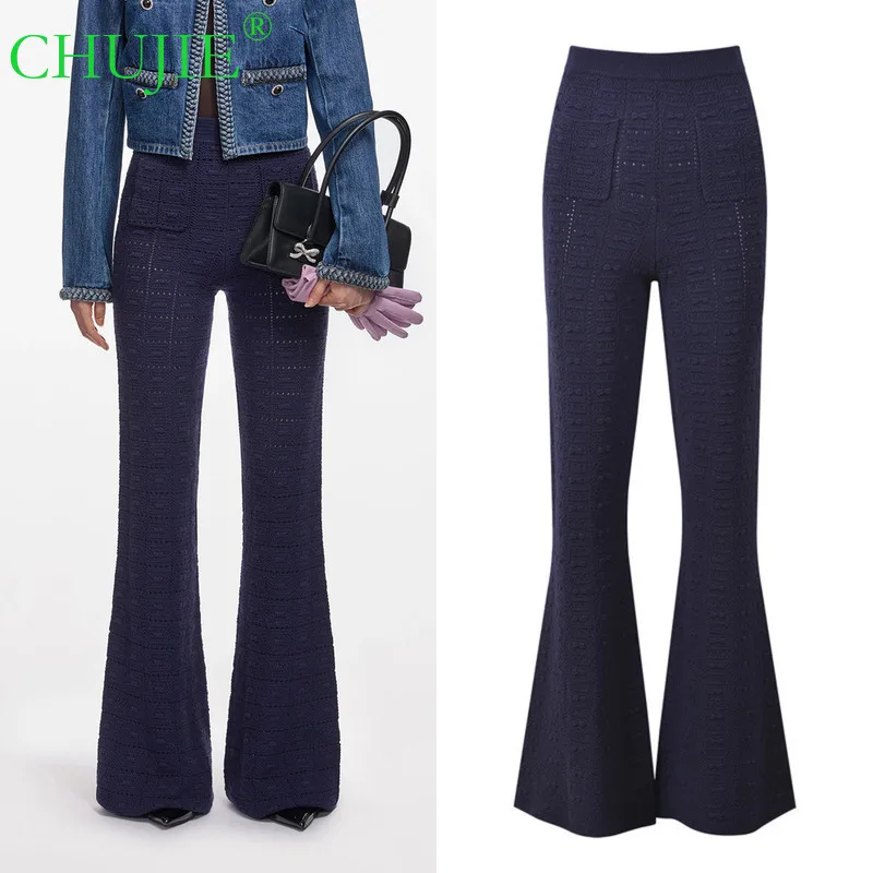 

CHUJIE 2025 New Autumn/Winter Collection, Navy Blue Design, Hollowed-out High-waisted, Slimming, Versatile Flared Long Trousers