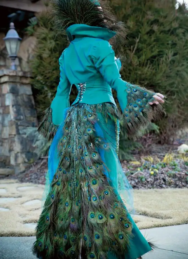 Original Peacock Costume Sewing Pattern Prom Dresses with Long Sleeve Movie Teal Blue Mermaid Lace-up Corset Evening Gown