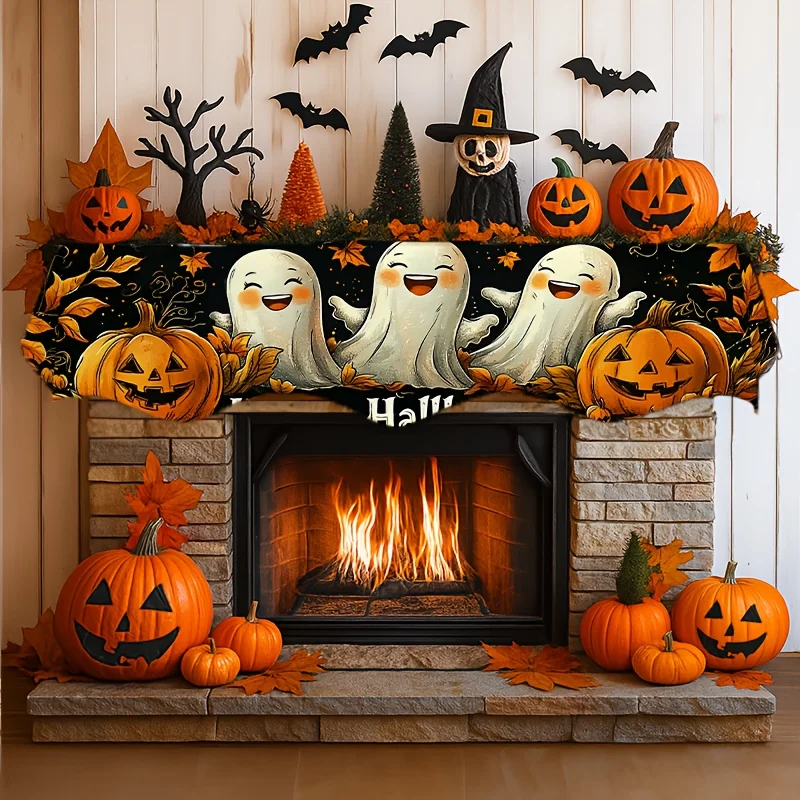 VIKAMA Halloween Fireplace Mantel Scarf Cute Ghost Pumpkin Mantel Topper Spooky Fireplace Shelf Cover Fall Home Party Decor