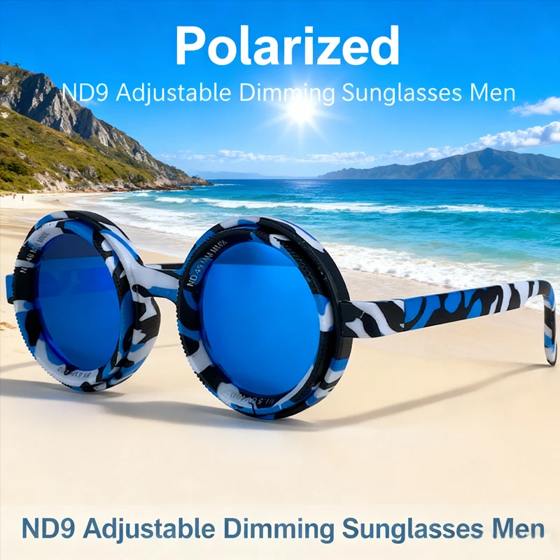

Polarized Small Frame Round Sunglasses Men Vintage ND9 Adjustable Dimming Glasses Driving Outdoor ND9-Speed Sunglass For Male