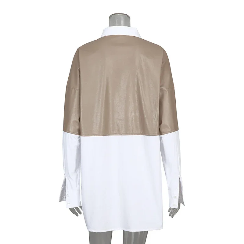 ButtonShirt PU Leather Loose Long-sleeved Casual Shirt Stitching Lapel Overalls Mid-length Tops Women's Shirts Street Tops