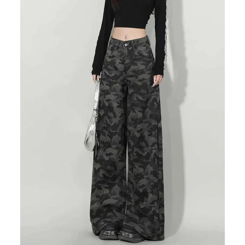 Damesmode camouflage jeans met rechte pijpen meisjes hoge taille baggy cargobroek dame streetwear comfortabele denimbroek