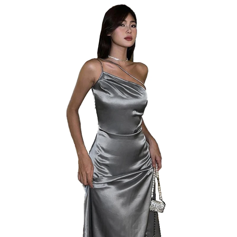 Women's Satin Maxi Dress with Diagonal Collar, Spaghetti Strap, Wedding Party, Long Evening Dresses, Summer