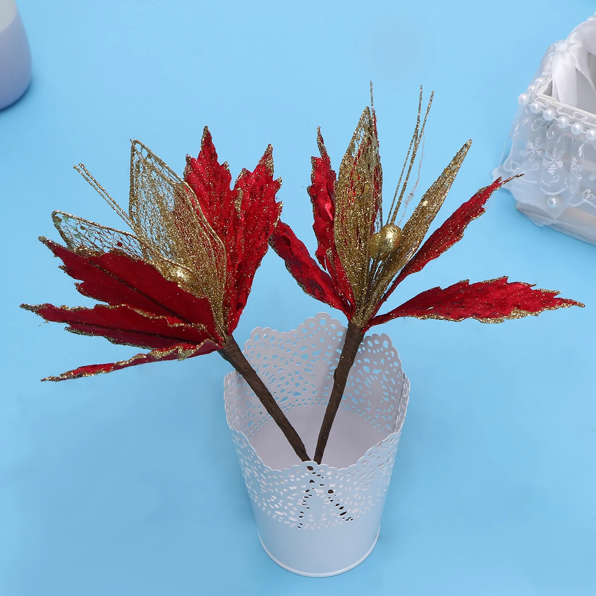 

6 Pcs Christmas Flower Decorations Fake Xmas Miniature Ornaments Red Holiday Party Centerpieces