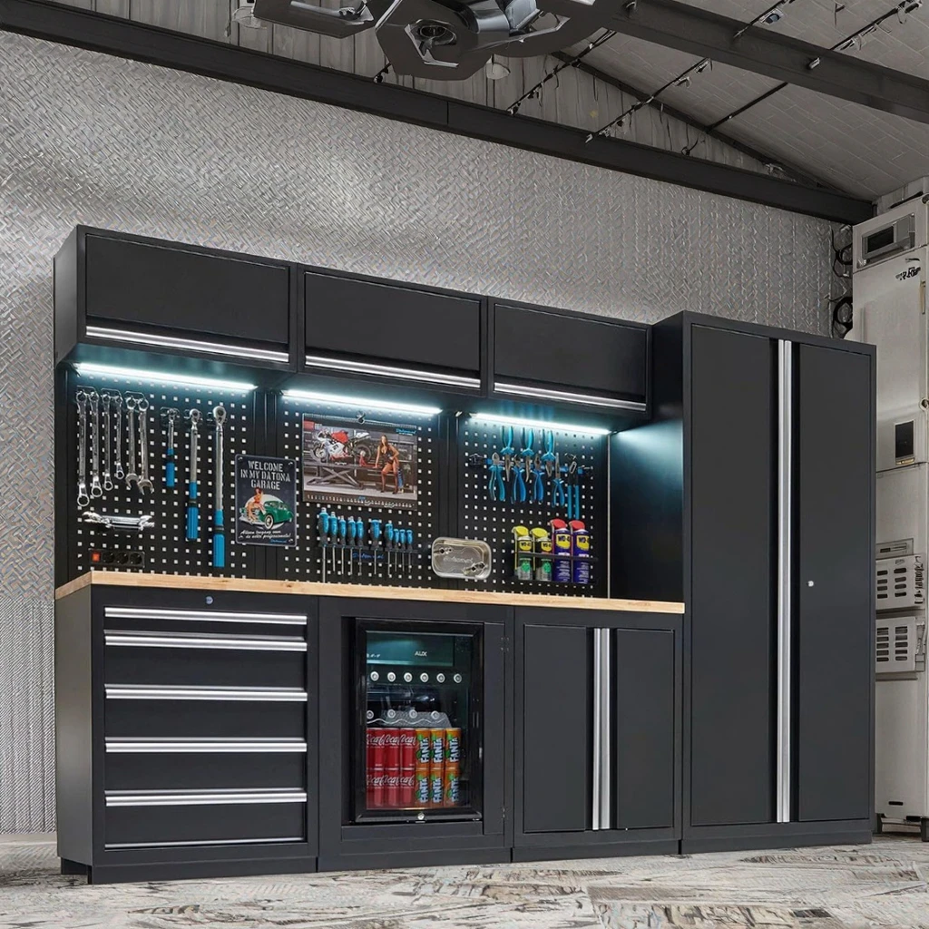 JZD Black Combination Tool Cabinet Garage Workbench Steel Wood Removable Storage 3 Drawers Adjustable