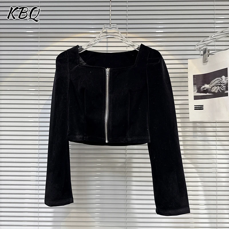 

KBQ Vintage Solid Spliced Zipper Loose Coats for Women Round Neck Long Sleeve Temperament Jackets Female Fashion Style Autumn