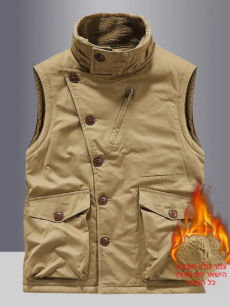 American Style Loose Men's Vest Multi-Pocket Fleece-Lined Outdoor Workwear Vest Fashionable Urban Style Winter Thickened Cotton