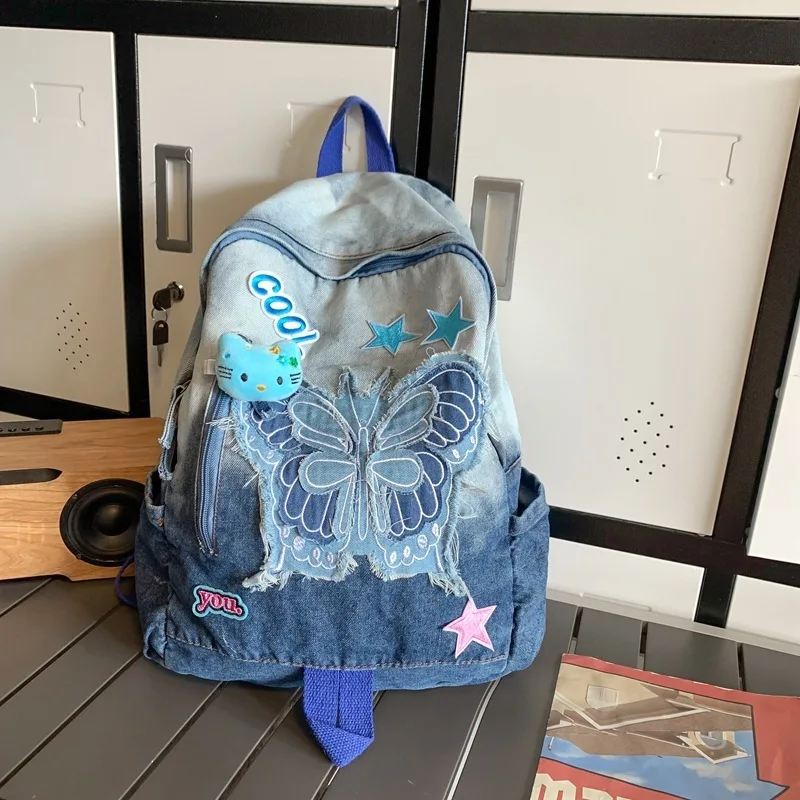 Harajuku Backpacks For Teenage Girls Dyed Washed Denim Blue Butterfly Star Cool Academy Backpack School Korean Style Bag Pack