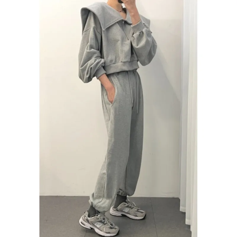 

Korean Design Sensation Anti-Aging Large Collar f Zip Hoodie Faionable Cuffed Sweatpants Set Women's Spring Autumn Winter