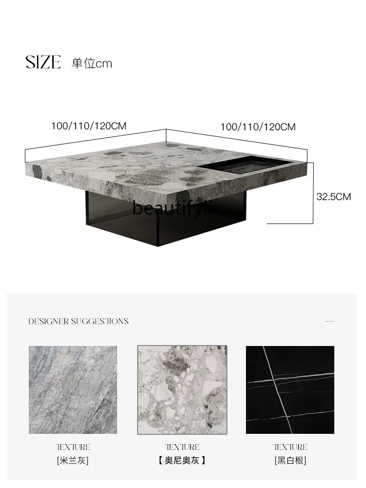 S Natural Marble Square Tea Table Italian Style Light Luxury Minimalist Living Room Suspension Tea Table