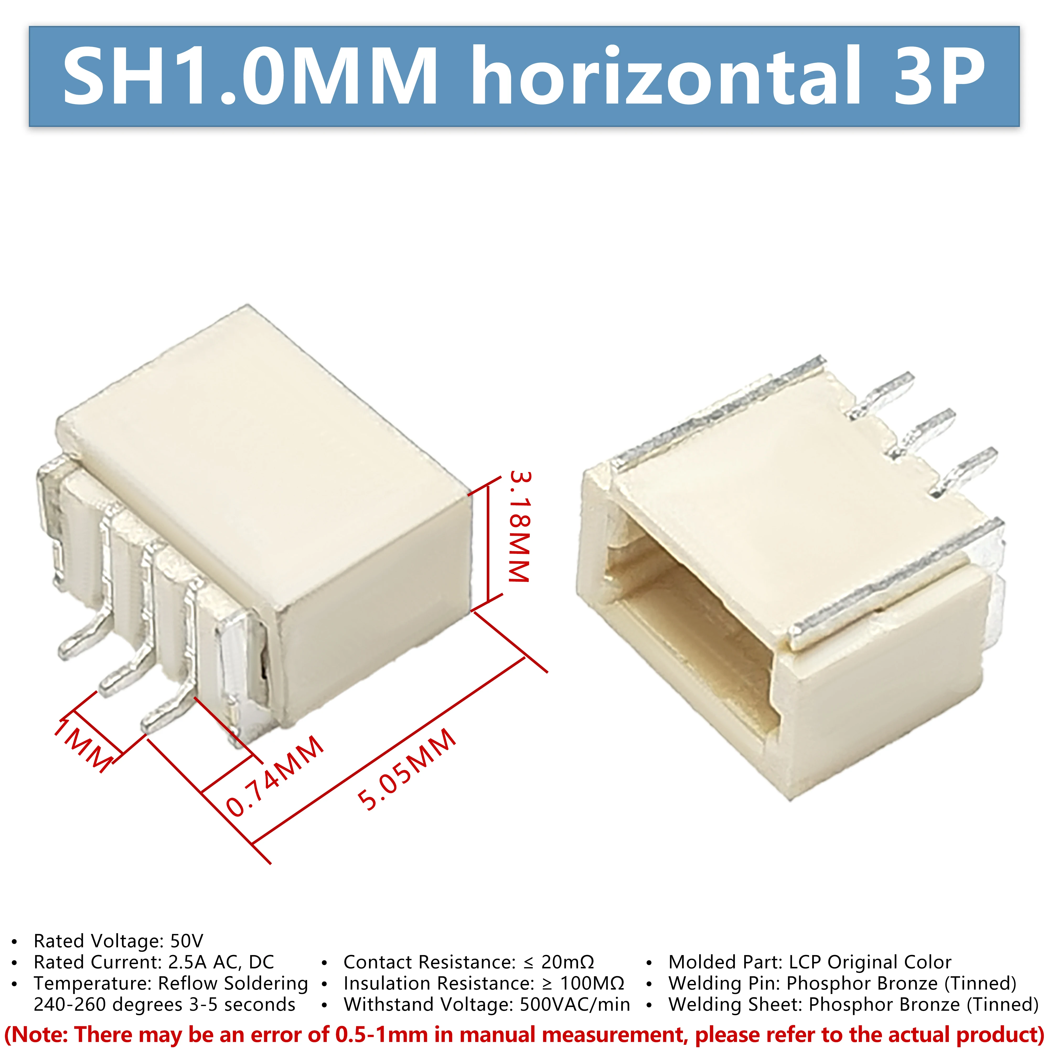 SH1.0mm Pitch 3P Right Angle SMD Female Socket Terminal Connector, High Temperature Resistant, 10PCS/1Reel 2000PCS