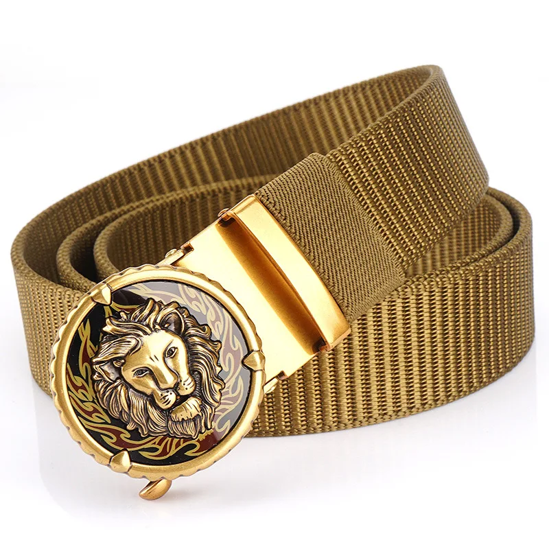 New perforated and toothless alloy automatic buckle tank patterned nylon waist belt for youth outdoor style