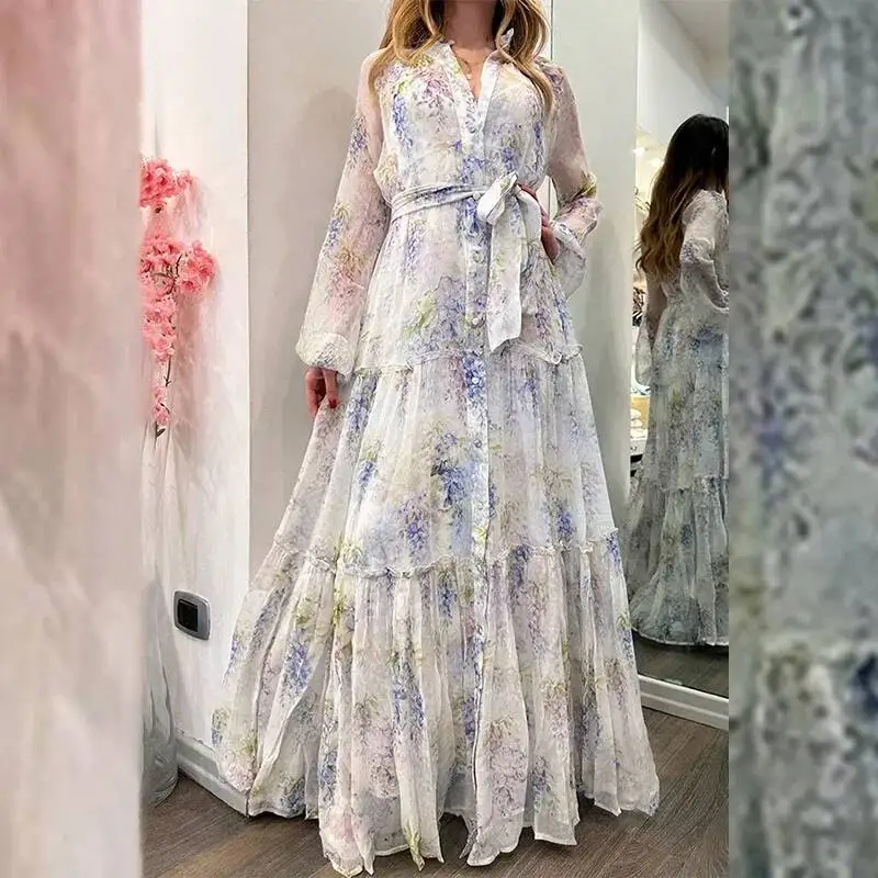 

Women 2026 Chiffon Floral Print Elegant Lace-Up Sweet Swing A-Line Fall Female Long Sleeve Button Party Dress