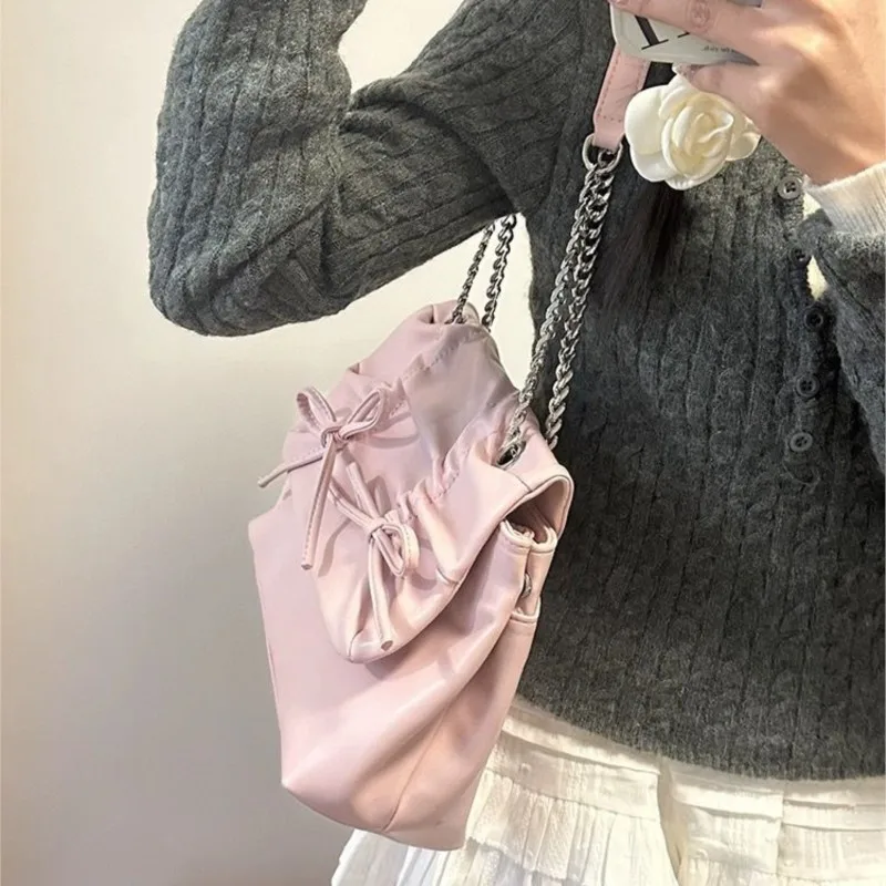 JIAERDI Sweet Bow Pink Shoulder Bags Women Fairy Core Chain Chic Y2k Handbag Female Lolita Harajuku Messenger Bag Aesthetic