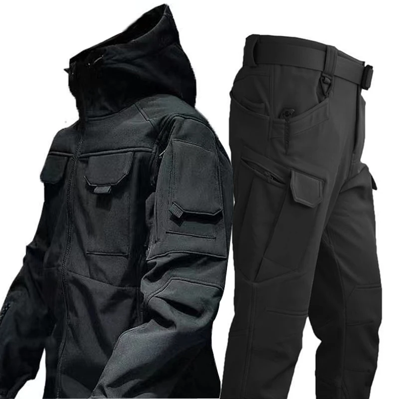 Men Winter Fleece Army Military Tactical Waterproof Softshell Jackets Coat Combat Pants Fishing Hiking Camping Climbing Trousers