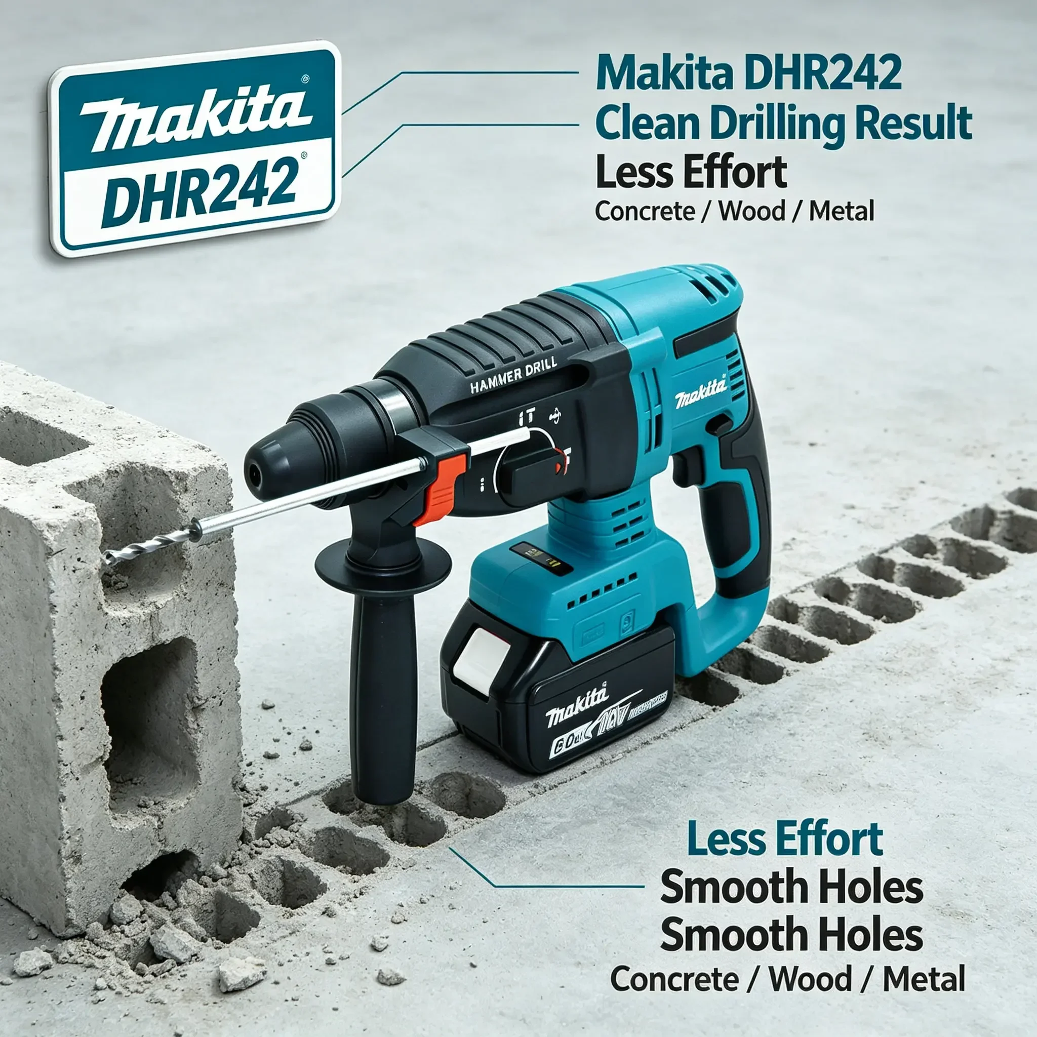 Trapano a percussione elettrico senza fili Makita DHR242, 18V, motore senza spazzole, include batteria originale da 6,0 Ah BL1860B, punta SDS-Plus da 26 mm, trapano per cemento con 3 modalità di